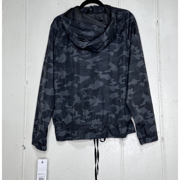 Apana L Black Gray Camo Yoga Jacket Lightweight Hooded Drawstring Waist NEW - Picture 3 of 6